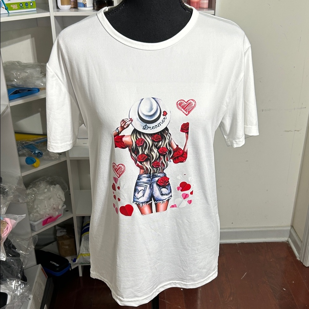 White T-Shirt with Heart and Girl Graphic